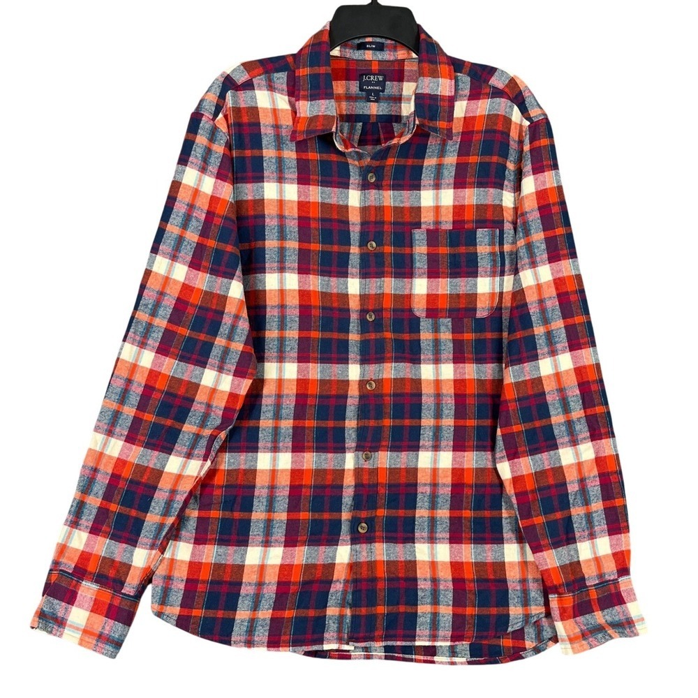 J.Crew Flannel Shirt Slim Fit Size L‎ Long Sleeve Plaid Woodsman Preppy Camping